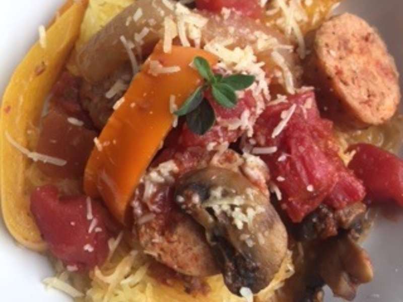 Spaghetti Squash with Chicken Italian Sausage and Peppers
