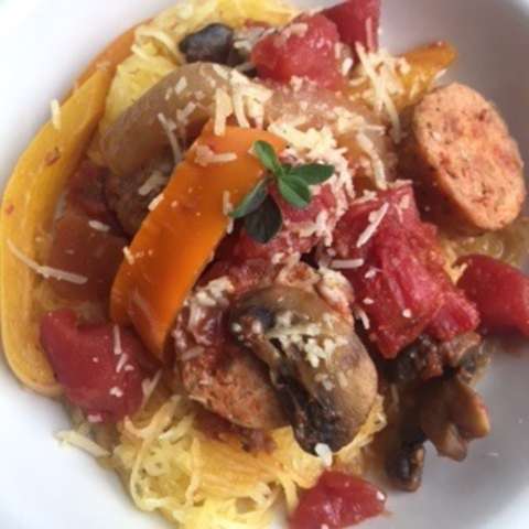 Spaghetti Squash with Chicken Italian Sausage and Peppers